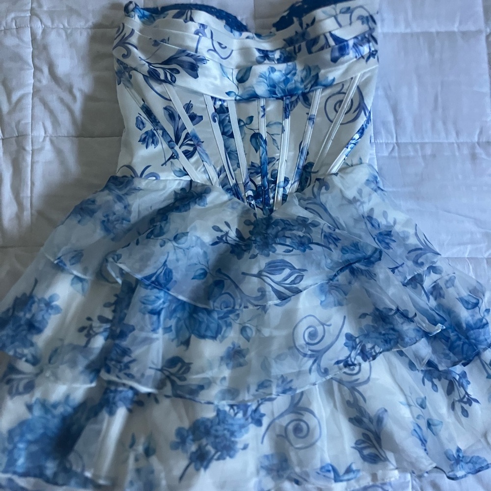 Blue and White Floral Strapless Dress
